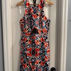 Floral high neck waist cutout dress